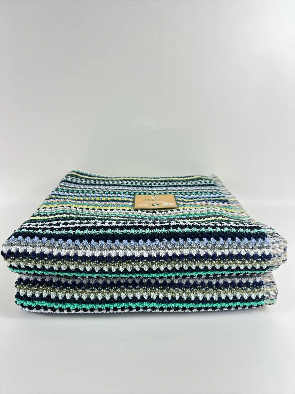 Deborah Connolly Bath Towels Boho Striped Blue Green Aqua Cotton 2 Pc Set NEW